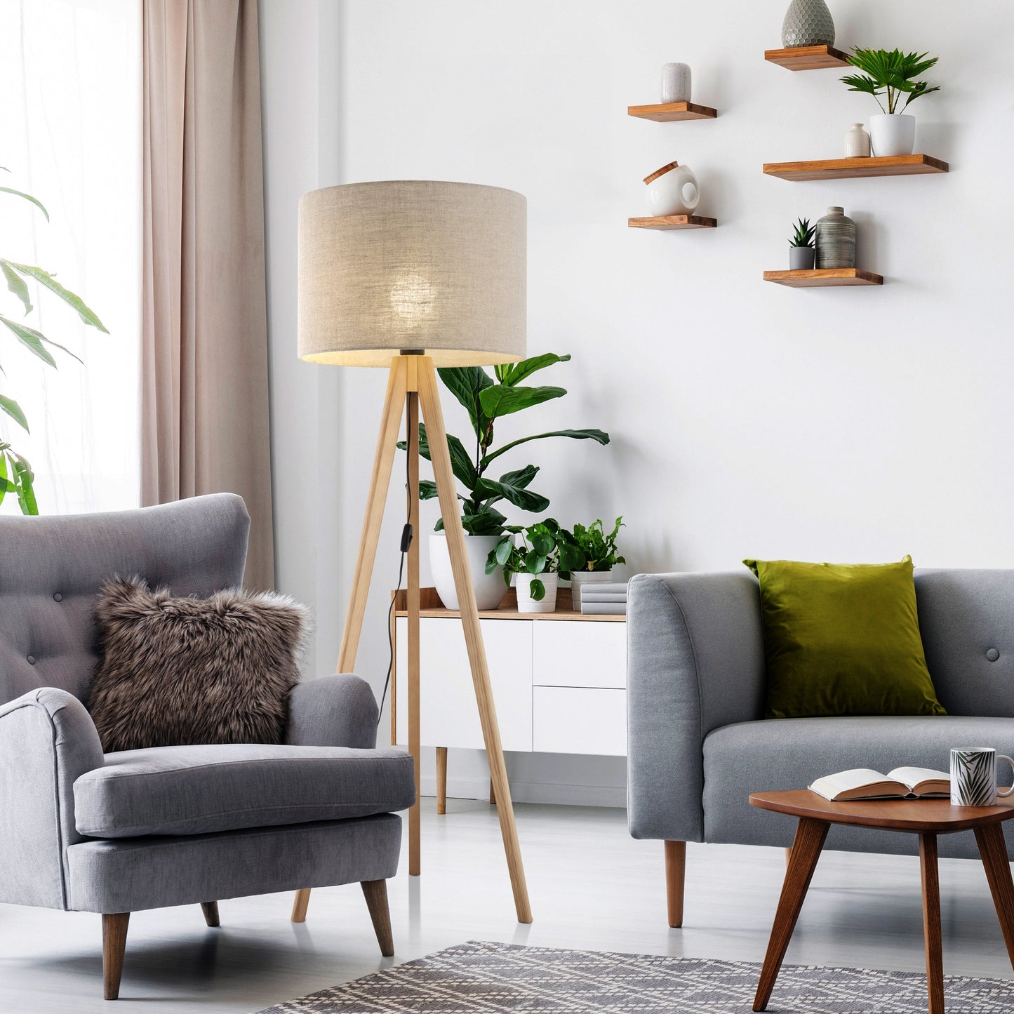 GRAND Pine Linen Mid-Century Modern Floor Lamp