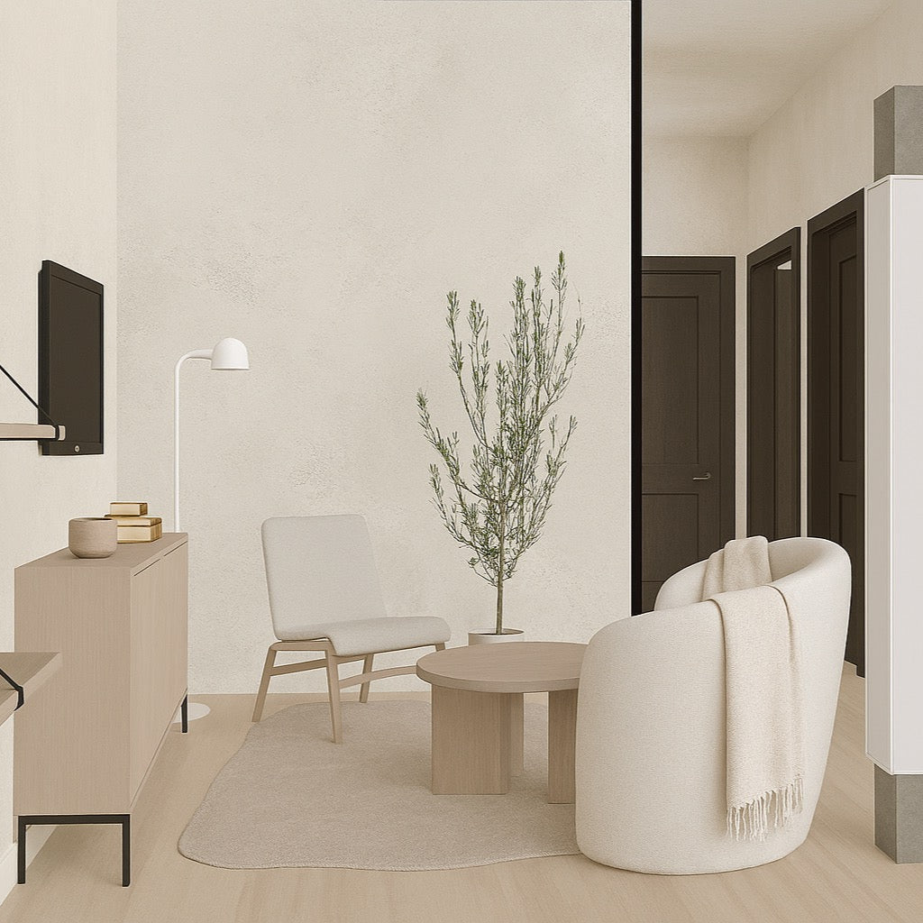 Modern interior design with a white armchair, coffee table, and decorative elements.